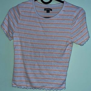 Baby blue ruffle tee with orange and light yellow stripes from target.